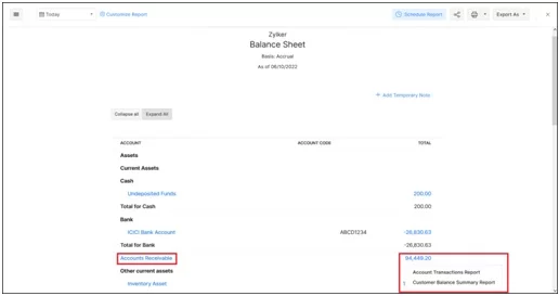 ZOHO Books - Balance Sheet