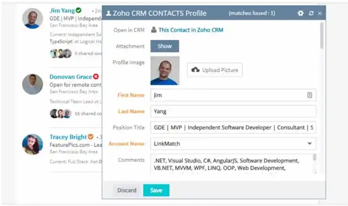 The green checkmark indicates that the LinkedIn profile or company is currently in your CRM database.