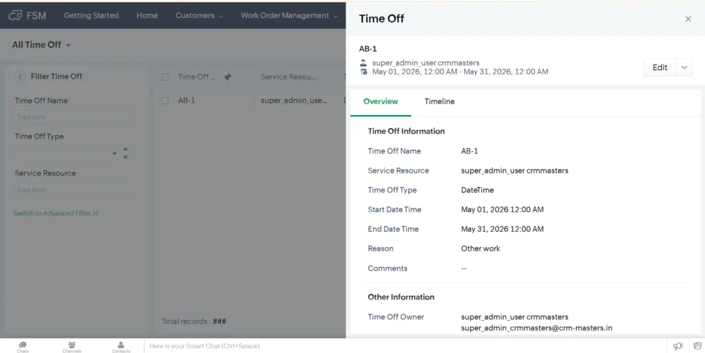 Zoho FSM Time Off management screen showing technician unavailability record