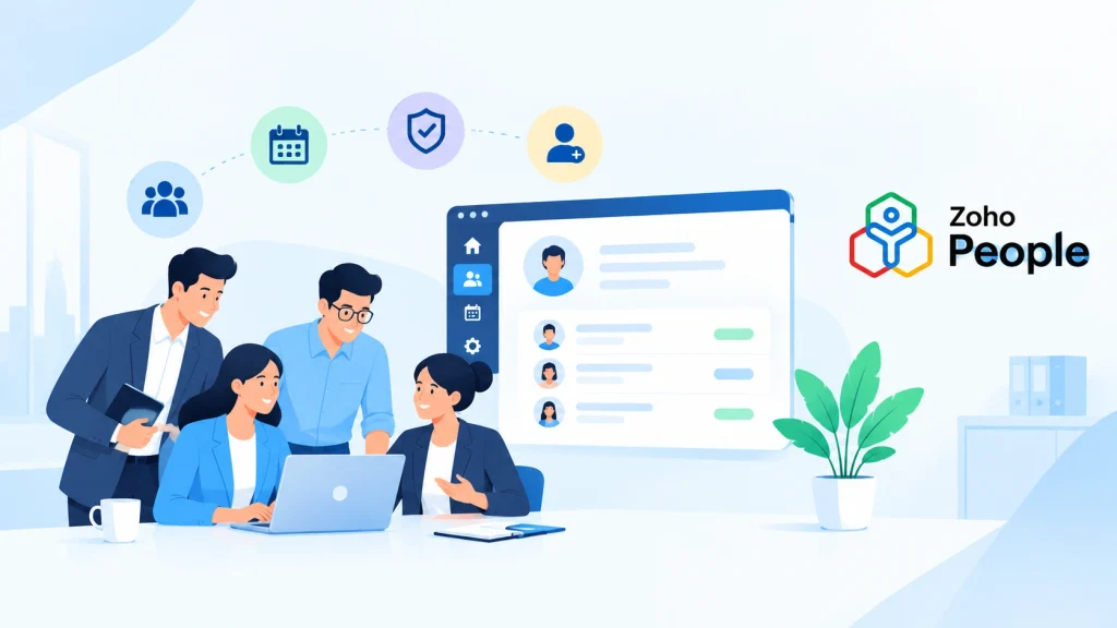 Group of professionals collaborating around a laptop in a bright office; a large UI screen shows user profiles, with the Zoho People logo nearby.