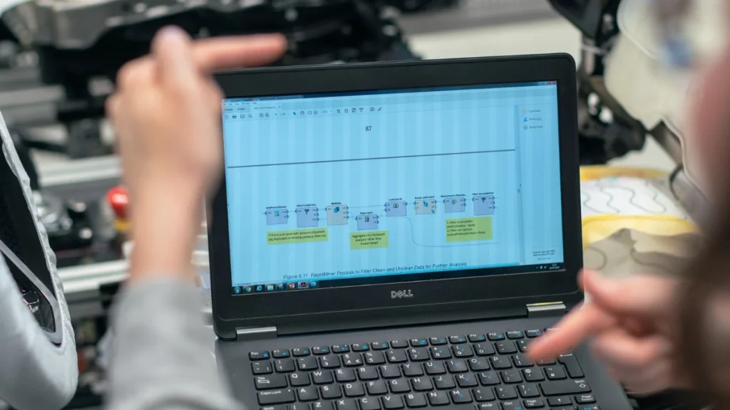 Dell laptop displaying a flowchart diagram while two people discuss it in a lab setting