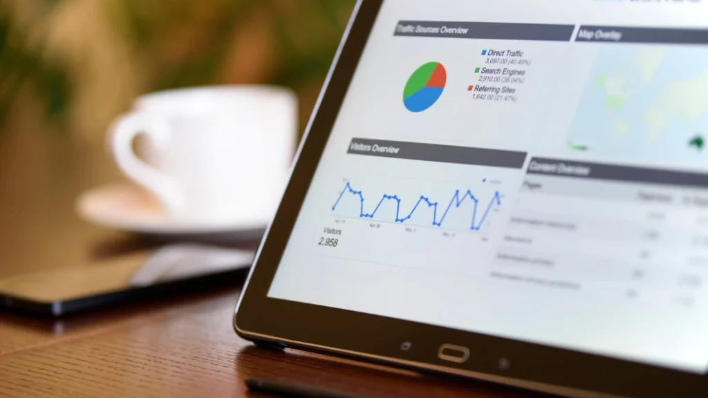 Tablet displaying a business dashboard with charts and a map on a wooden desk, coffee cup blurred in the background.