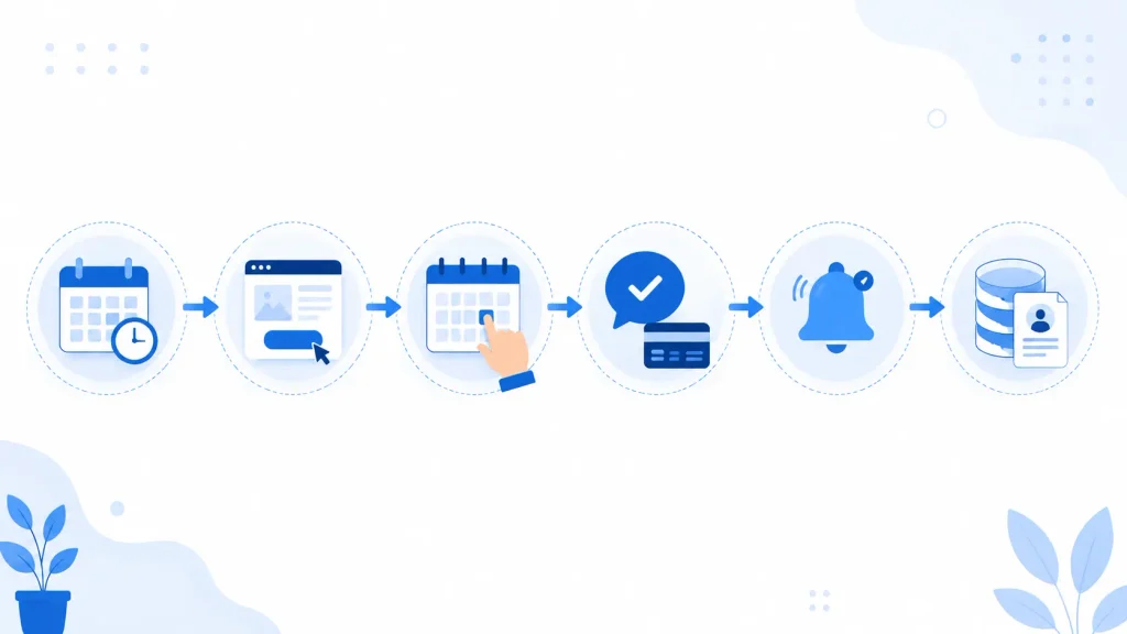 Six-step workflow icons connected by arrows: calendar, web page, calendar tap, approval check with a card, notification bell, then a database with a profile card.