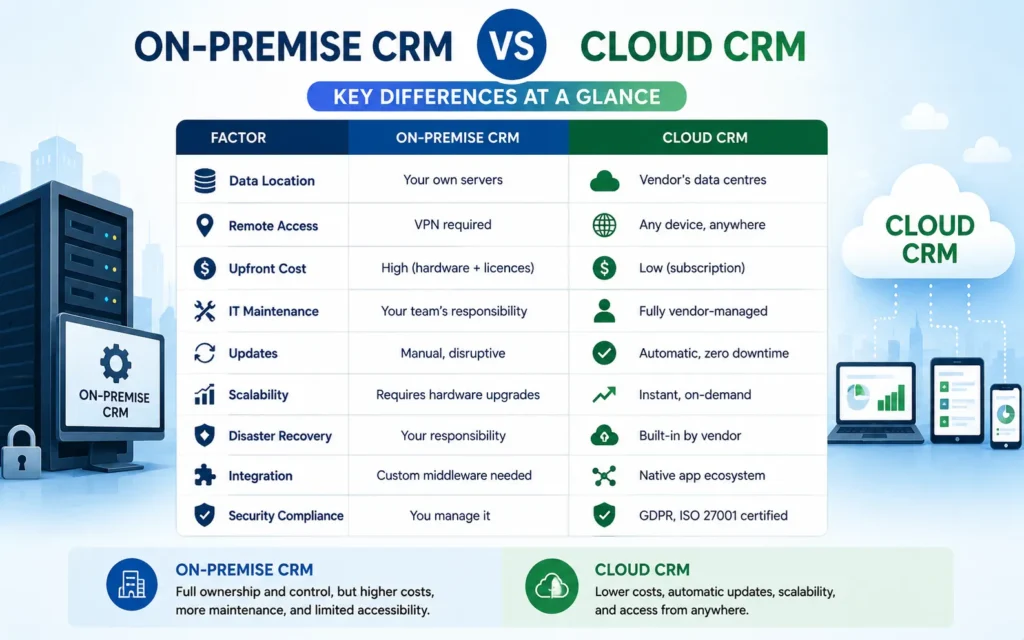 On-Premise vs Cloud CRM Side by Side Comparison Table