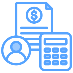Invoice document with dollar sign, user icon, and calculator indicating client billing.