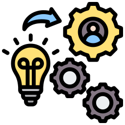 Illustration of a light bulb, gears, and a user avatar inside a gear, representing ideas and settings.