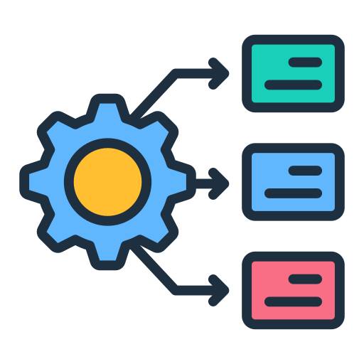 Gear icon connected to three colored cards, illustrating a three-step workflow (green, blue, pink).