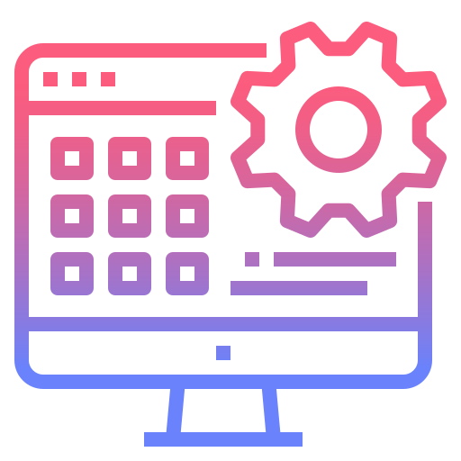 Desktop monitor with a calendar grid and a gear icon, representing calendar settings or scheduling configuration.