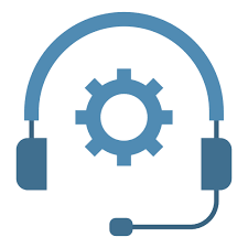 Blue headset icon with a gear in the center, symbolizing technical support.