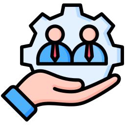 Hand supporting a gear containing two people icons, symbolizing team management or HR