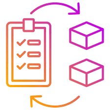 Colorful checklist on a clipboard with three checked items, two pink 3D boxes to the right, and curved arrows indicating a process flow.