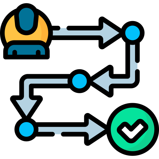 Workflow diagram showing a user icon initiating a three-step process with arrows and blue dots, ending with a green circle containing a checkmark.