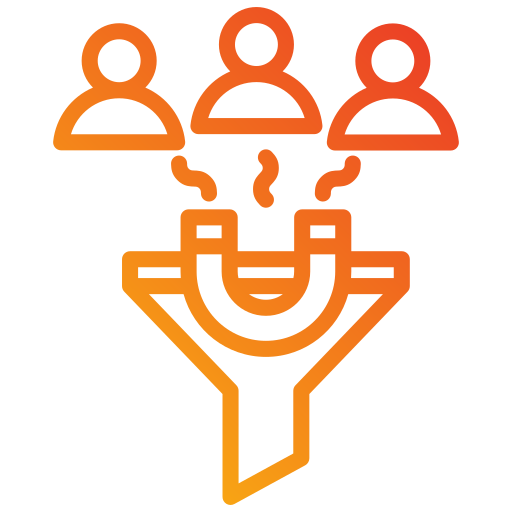 Orange icon of a funnel attracting three people, representing lead generation or audience acquisition.