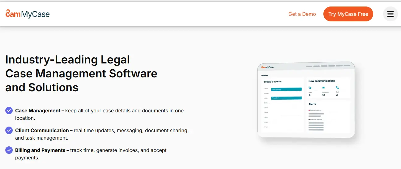 Hero section for legal case management software with headline and three feature bullets; dashboard mockup on the right.