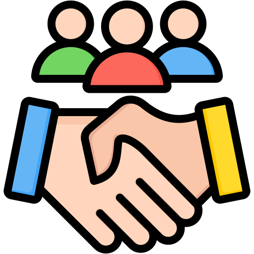 Handshake between two hands with three abstract people figures above, conveying teamwork and agreement