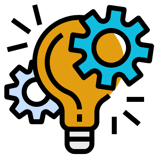 Orange light bulb intertwined with blue gears, symbolizing innovation and engineering.