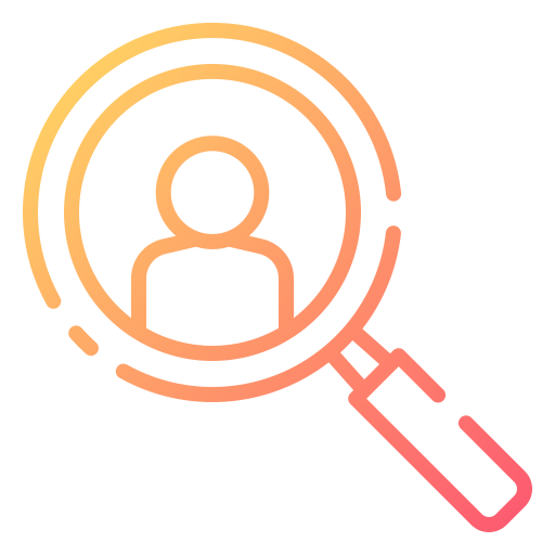 Magnifying glass around a user silhouette, signaling search for a person or candidate