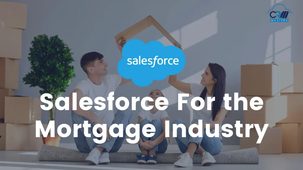 Family smiling as they move into a new home with stacked boxes and a Salesforce cloud logo, highlighting Mortgage Industry content.