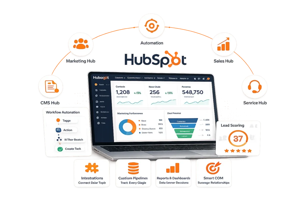 HubSpot CRM dashboard with customer data, marketing analytics, sales insights, and workflow automation.