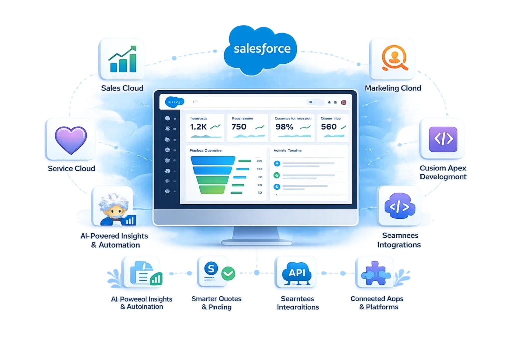 The Salesforce dashboard with Sales Cloud, Service Cloud, Marketing Cloud, and automation features.