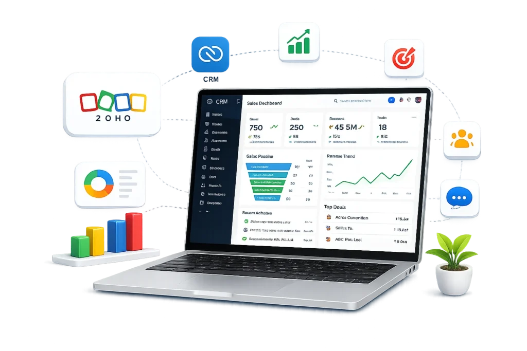Zoho CRM platform for managing leads, sales, customer data, and business processes.