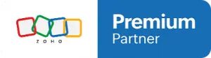 Zoho Premium Partner badge showing Zoho logo and blue Premium Partner banner on the right.