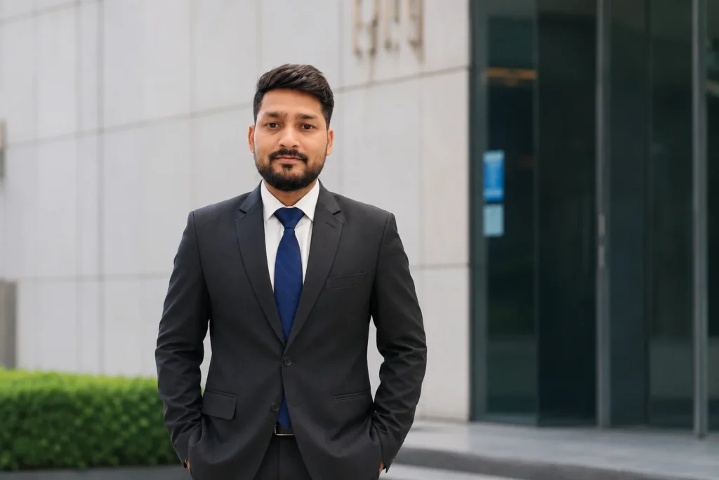 Professional man in a dark suit and blue tie stands outdoors in front of a modern office building.