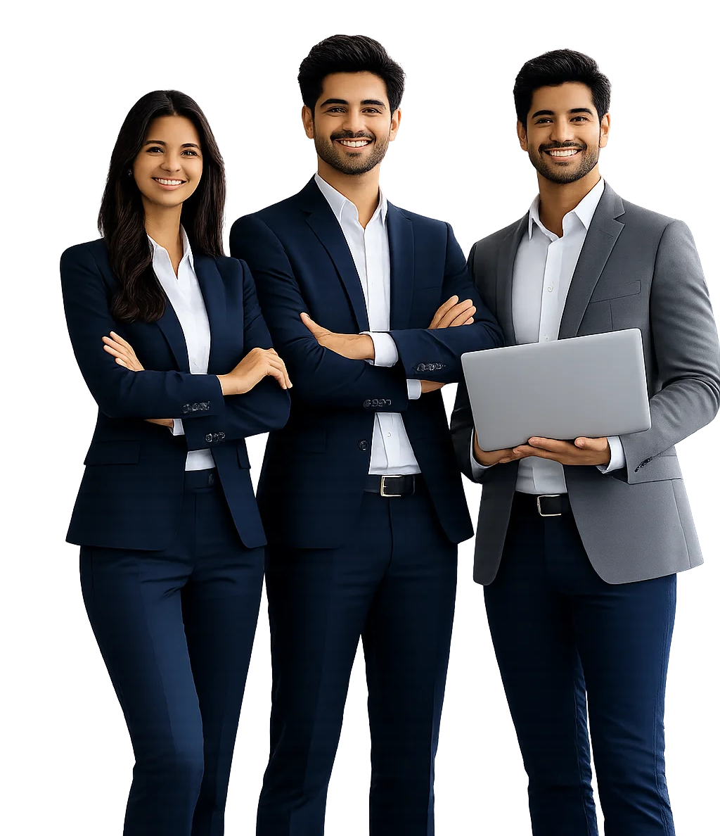 Three professionally dressed coworkers stand together, arms crossed, with the man on the right holding a laptop.