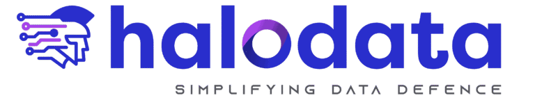 HaloData logo: blue wordmark with a circuit-pattern helmet icon on the left and the slogan 'SIMPLIFYING DATA DEFENCE'.