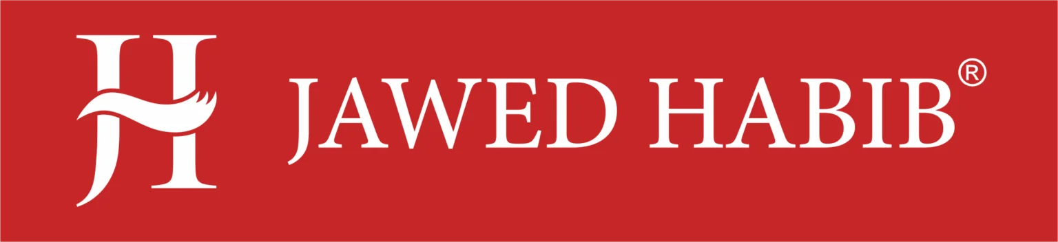Jawed Habib brand logo on a red background with white text and a stylized H monogram on the left.