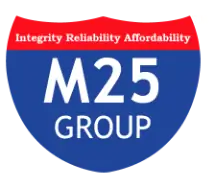M25 Group logo: blue shield with white text and a red top banner reading Integrity, Reliability, Affordability.