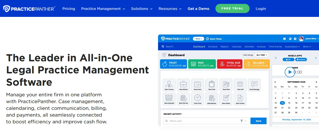 Hero section with the headline 'The Leader in All-in-One Legal Practice Management Software' and descriptive paragraph, plus a right-side screenshot of the PracticePanther dashboard UI.