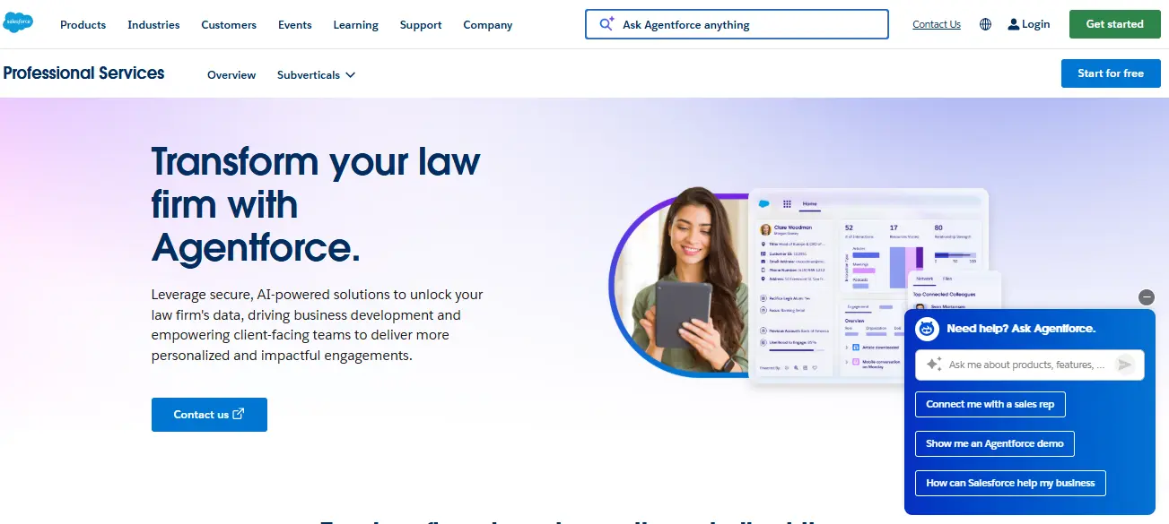 Hero message: 'Transform your law firm with Agentforce' with a smiling woman holding a tablet beside layered product interface screens.