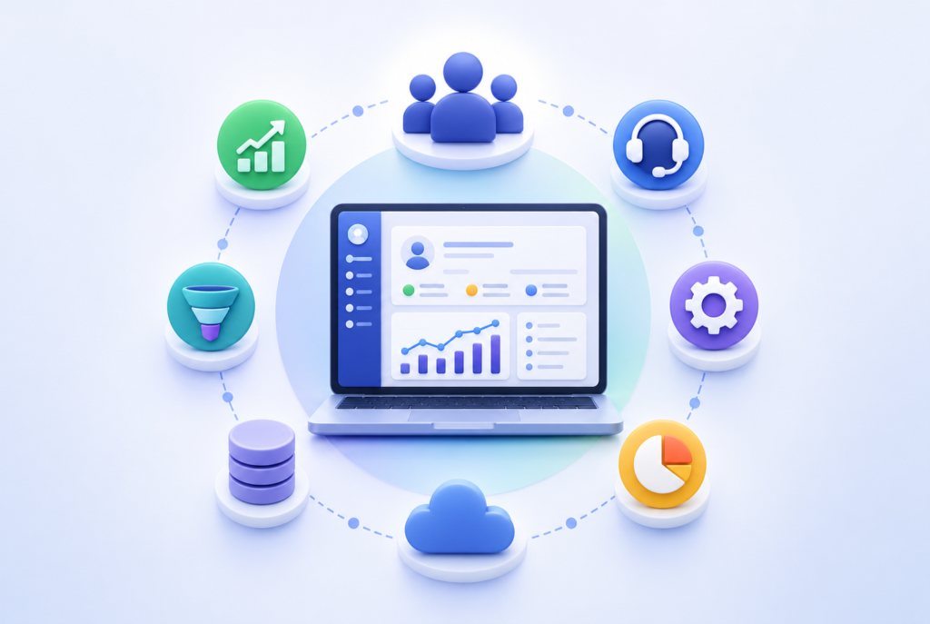 CRM solution with customer management, sales, analytics, automation, customer support, and business growth features.