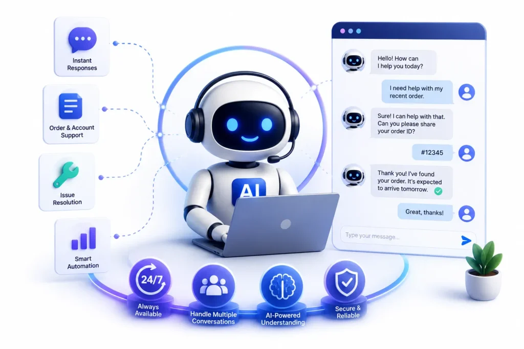AI chatbot robot with headset and laptop, surrounded by service icons for instant responses, order support, issue resolution, and automation
