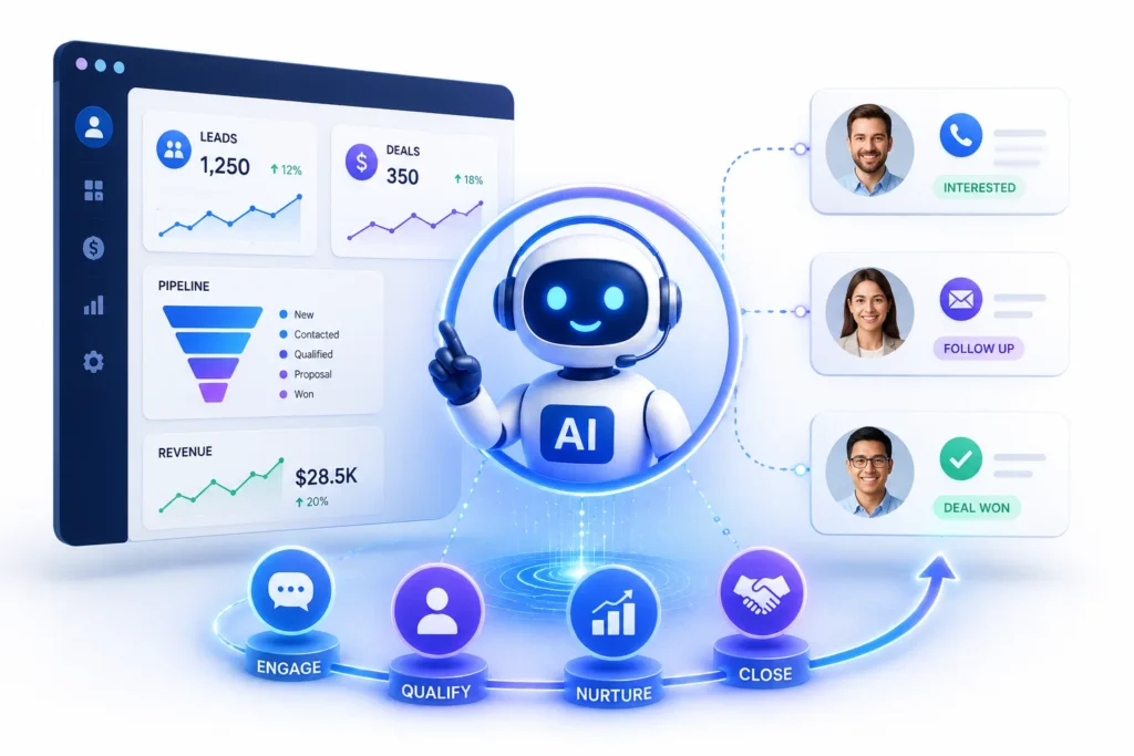 AI assistant robot with a sales dashboard showing leads, deals, pipeline, and revenue.