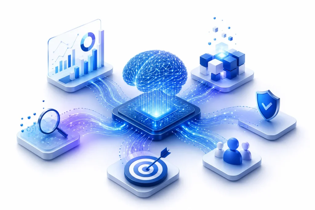 AI-powered data analytics concept: blue brain on a chip connected to dashboards, cubes, a target, and a shield icon around a data flow network.