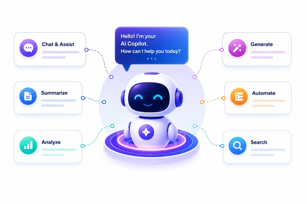 Friendly AI chatbot at center with six connected function panels: Chat & Assist, Generate, Summarize, Automate, Analyze, and Search.