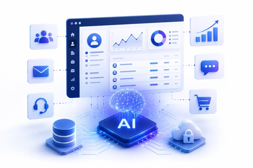 AI-driven dashboard with a floating brain on a chip and surrounding icons (people, email, chat, headset, cart, analytics, cloud, database) representing connected data streams