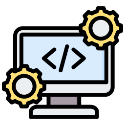 Illustration of a computer monitor displaying code brackets with two yellow gears, representing software development.