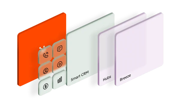 Isometric illustration of stacked colorful panels labeled Smart CRM, Hubs, Breeze, representing a CRM product suite.