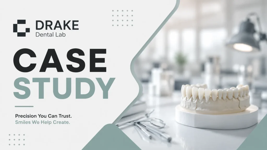 Hero banner for Drake Dental Lab case study: large CASE STUDY text with a dental model visible in a bright lab setting on the right.