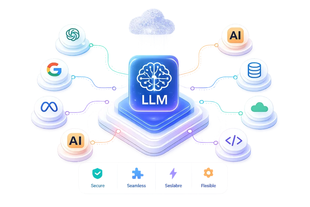 Central LLM chip connected to Google, AI, database, cloud, code, and other tech icons to show integrated AI services.