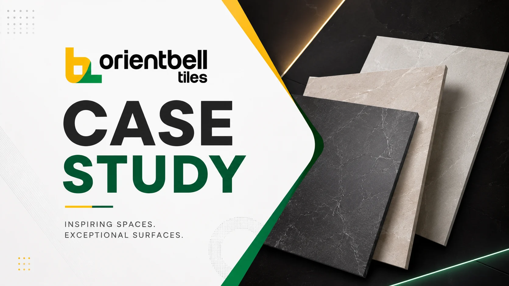 Case study banner for Orientbell Tiles with large letters CASE STUDY and stacked tile samples in neutral tones on the right side.