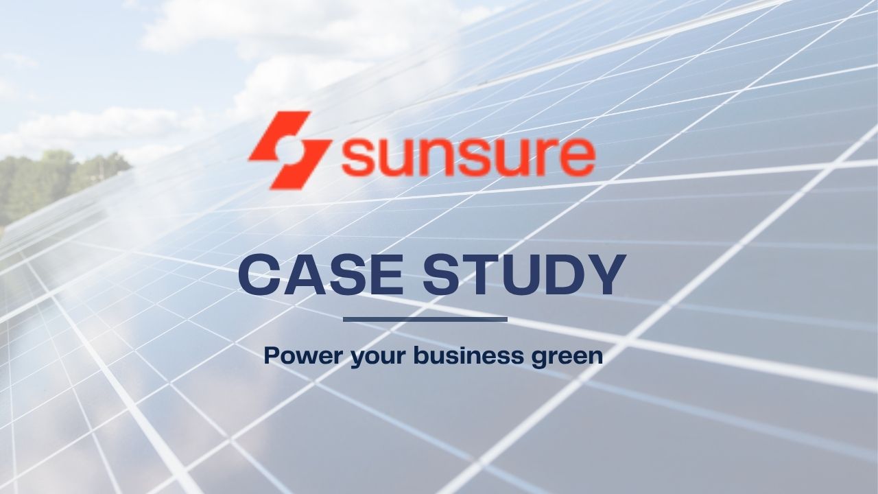 Case study cover with Sunsure logo on solar panels, displaying the text 'CASE STUDY' and 'Power your business green'.