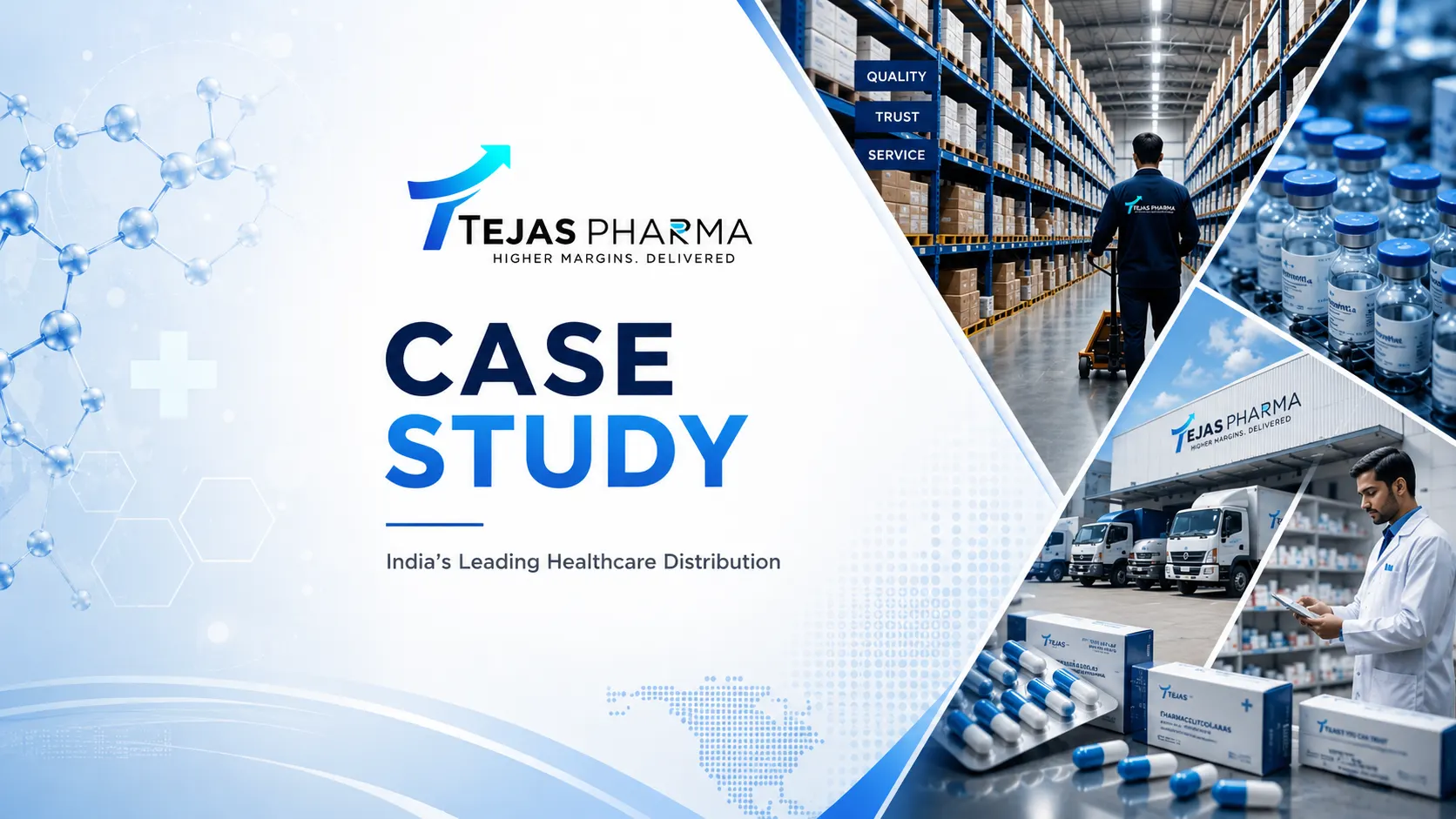 Tejas Pharma case study banner featuring warehouse shelves, medicine bottles, and delivery trucks with the brand motto.
