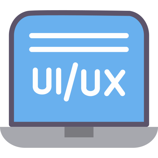 Blue laptop screen with 'UI/UX' text and two horizontal lines above, representing UI/UX design concept.