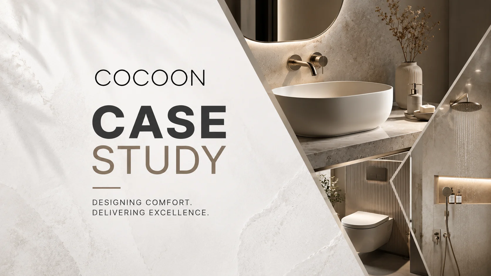 Cocoon Case Study cover with a modern bathroom collage and the tagline 'DESIGNING COMFORT. DELIVERING EXCELLENCE.'