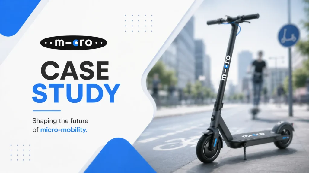 Case study banner for micro-mobility with a black electric scooter on the right and bold 'CASE STUDY' text on the left.