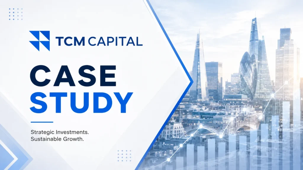 TCM Capital Case Study banner with bold CASE STUDY text and a blue geometric design over a city skyline and graphs